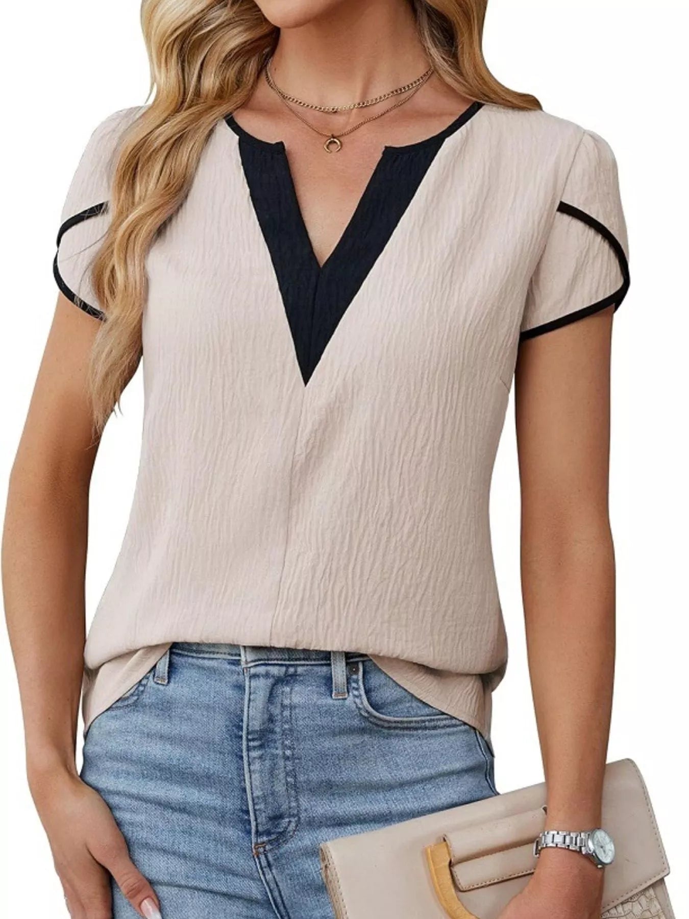 Notched Petal Sleeve Blouse 