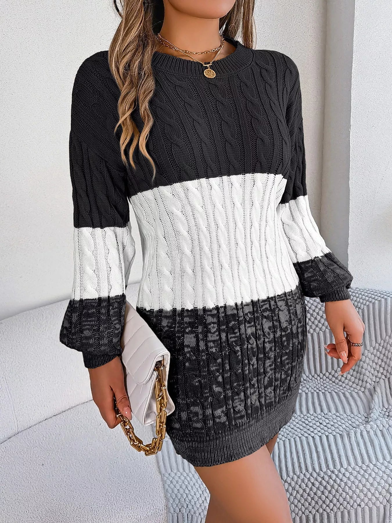 Color Block Cable Knit Sweater Dress with Textured Pattern 