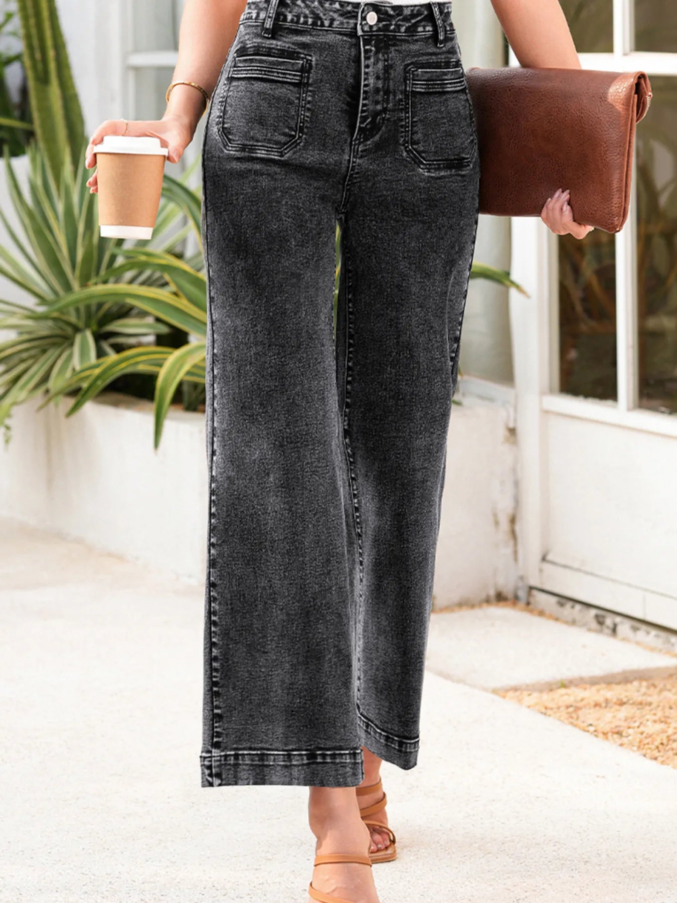 High-Waisted Wide Leg Washed Jeans 
