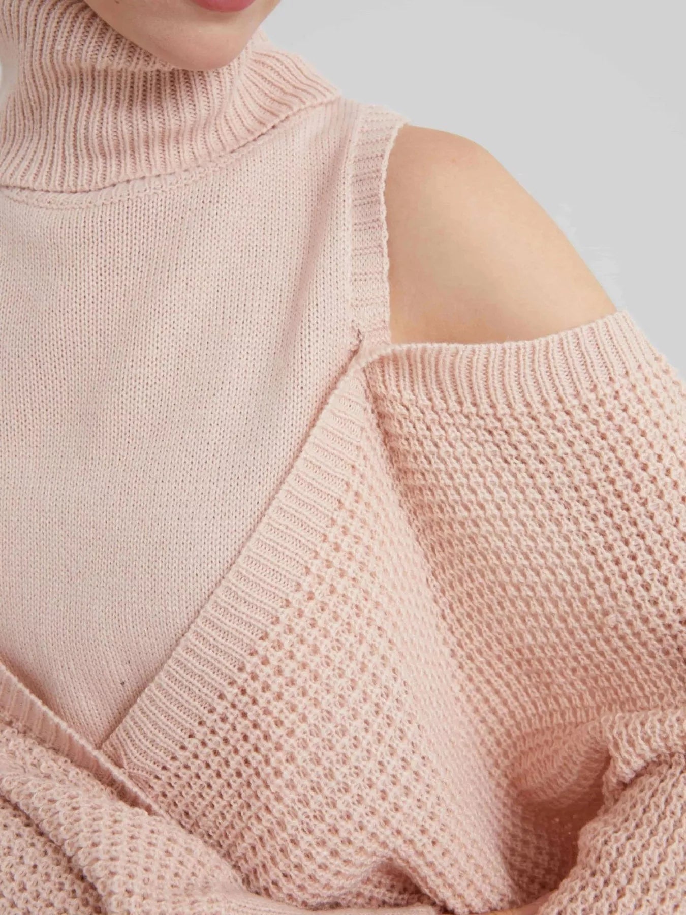 Waffle Knit Cold Shoulder Turtleneck Sweater 