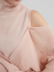 Waffle Knit Cold Shoulder Turtleneck Sweater 