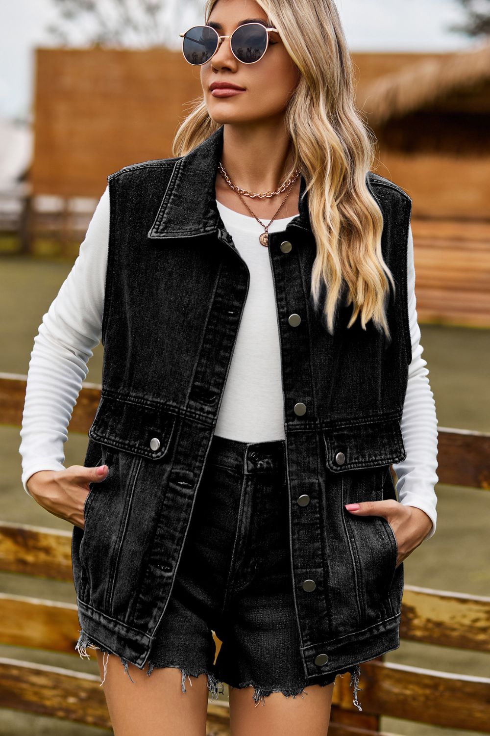 Sleeveless Collared Neck Denim Top with Pockets 