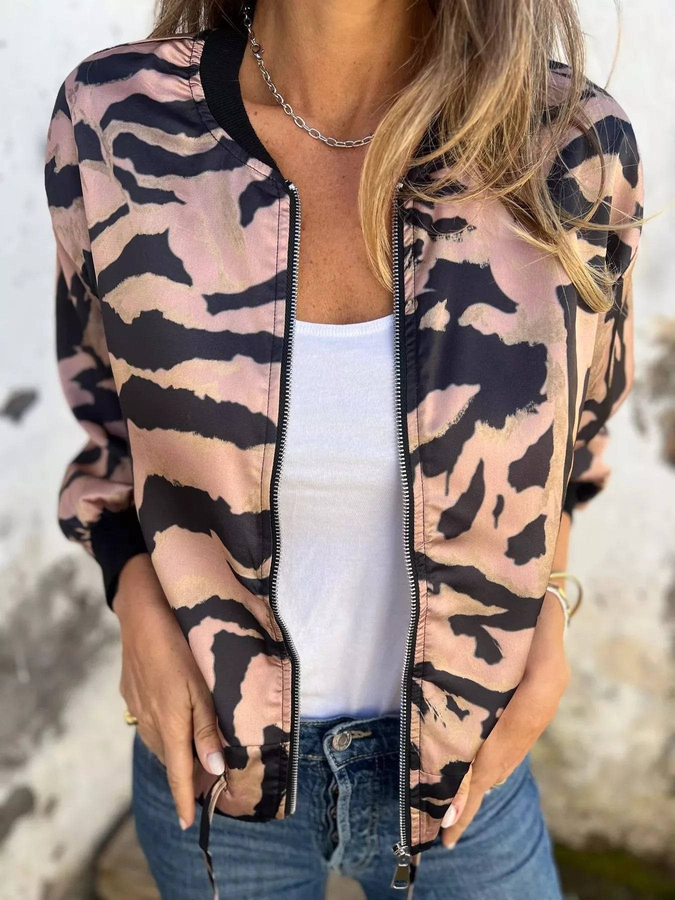 Full Size Zip Up Zebra Print Bomber Jacket Plus Size 