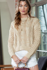 Full Size Openwork Cable-Knit Round Neck Knit Top 