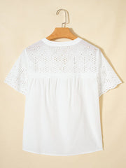 Flower Eyelet Embroidered Patchwork Sheer Short Sleeve Shirt 