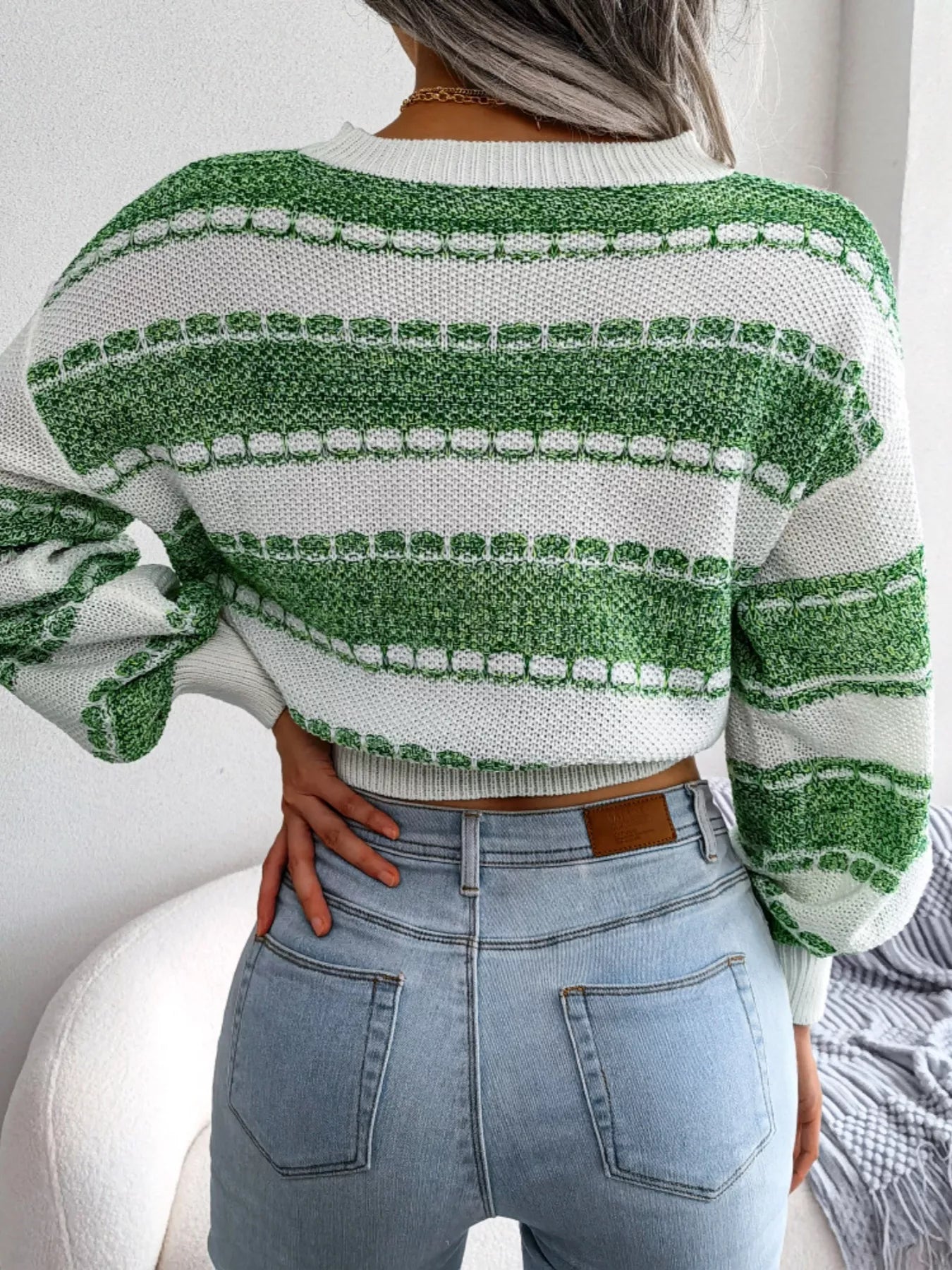 Color Block Round Neck Cropped Sweater 