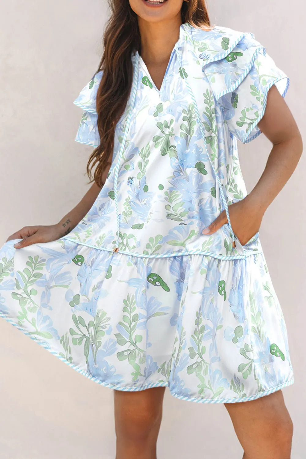 Floral Contrast Edge Layered Short Sleeve Mini Dress 