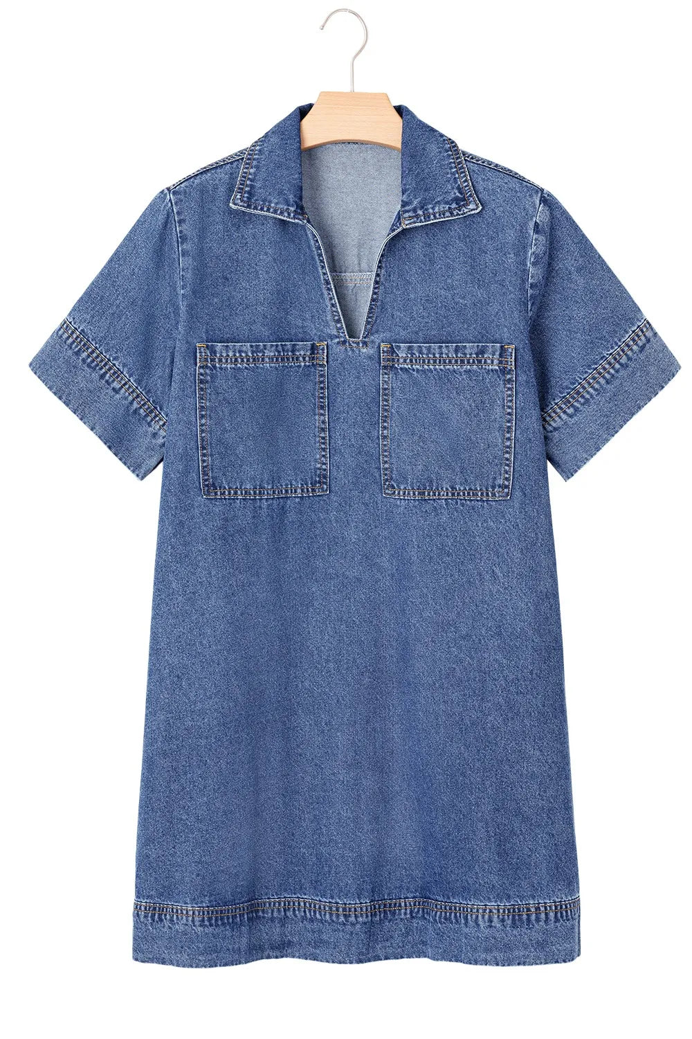 Short Sleeve Collared Patched Pocket Denim Mini Dress 
