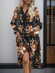 Perfee Printed Notched Long Sleeve Midi Dress 