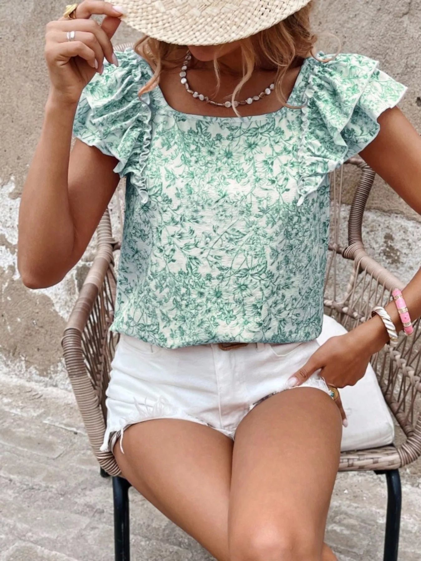 Floral Print Ruffle Trim Blouse 