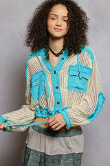 POL Texture Woven Button Down Hooded Shirt with Drawstring Hem 