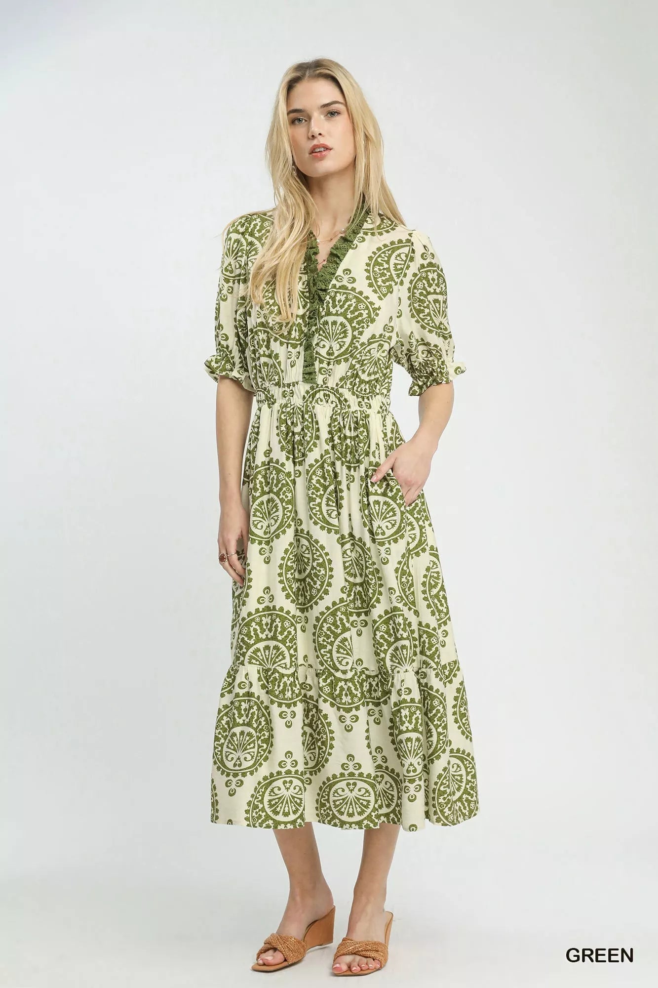 Umgee Paisley Smocked Waist Midi Dress 