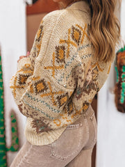 Western Pattern Knitted Button V Neck Cardigan Sweater 