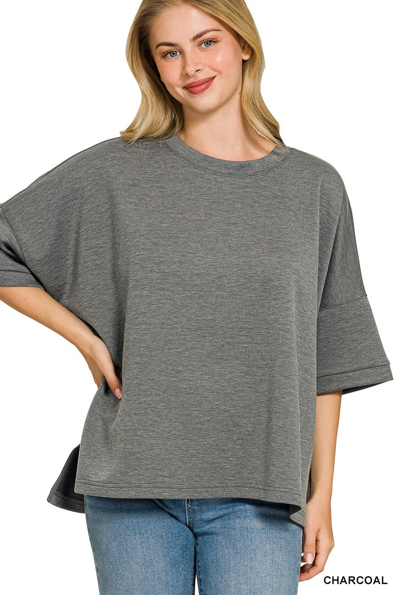 Zenana Full Size Scuba Round Neck Top With Side Slits Plus Size 
