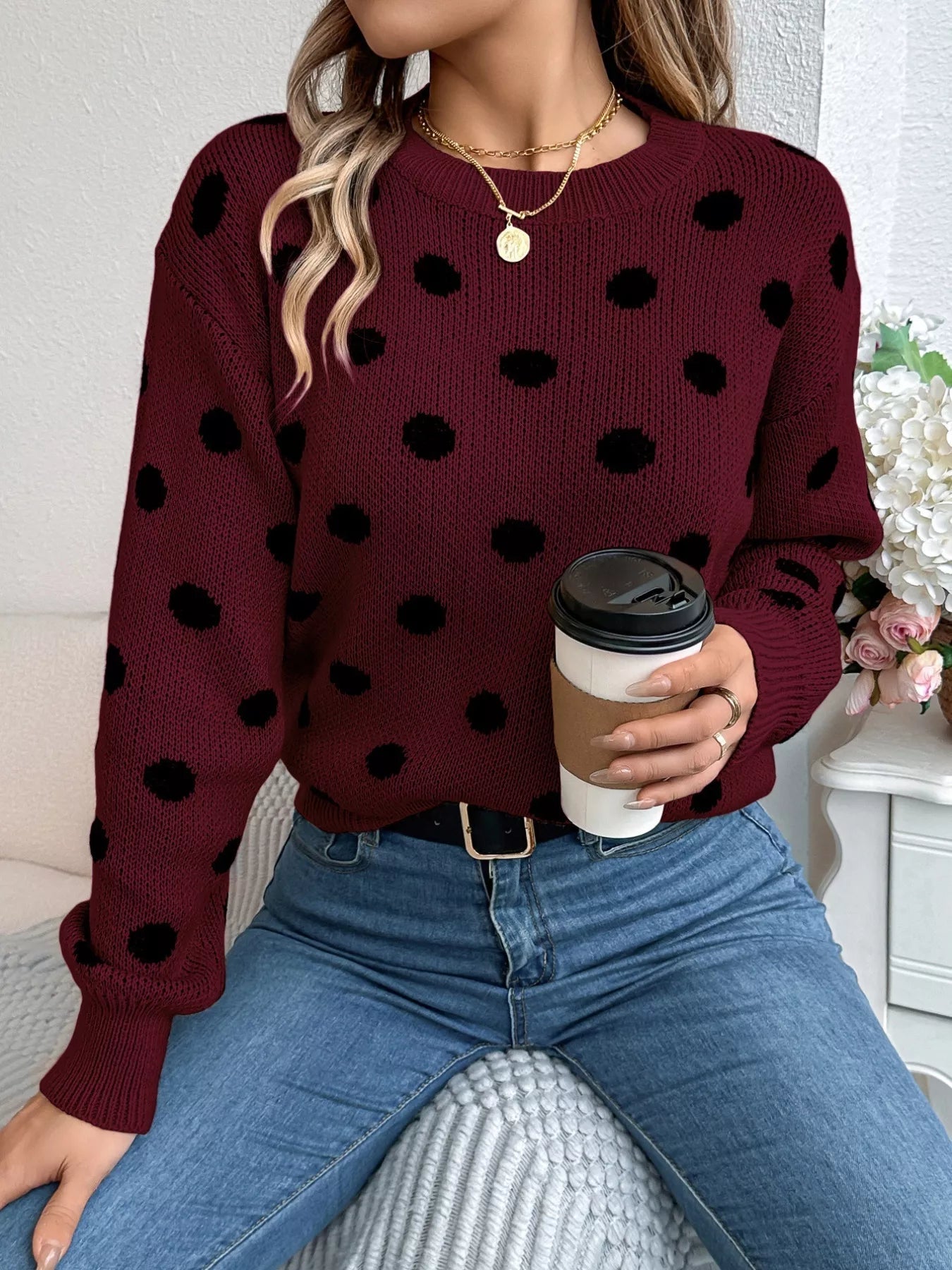 Polka Dot Round Neck Sweater 