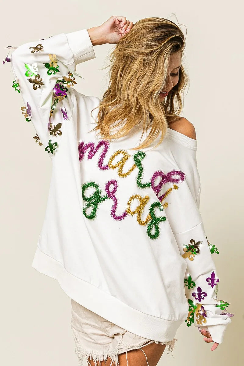 BiBi Fleur De Lis Sleeve Mardi Gras Pullover 