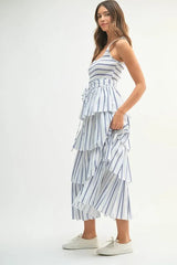 MABLE Pin Stripe Smocked Bodice Layered Midi Dress 