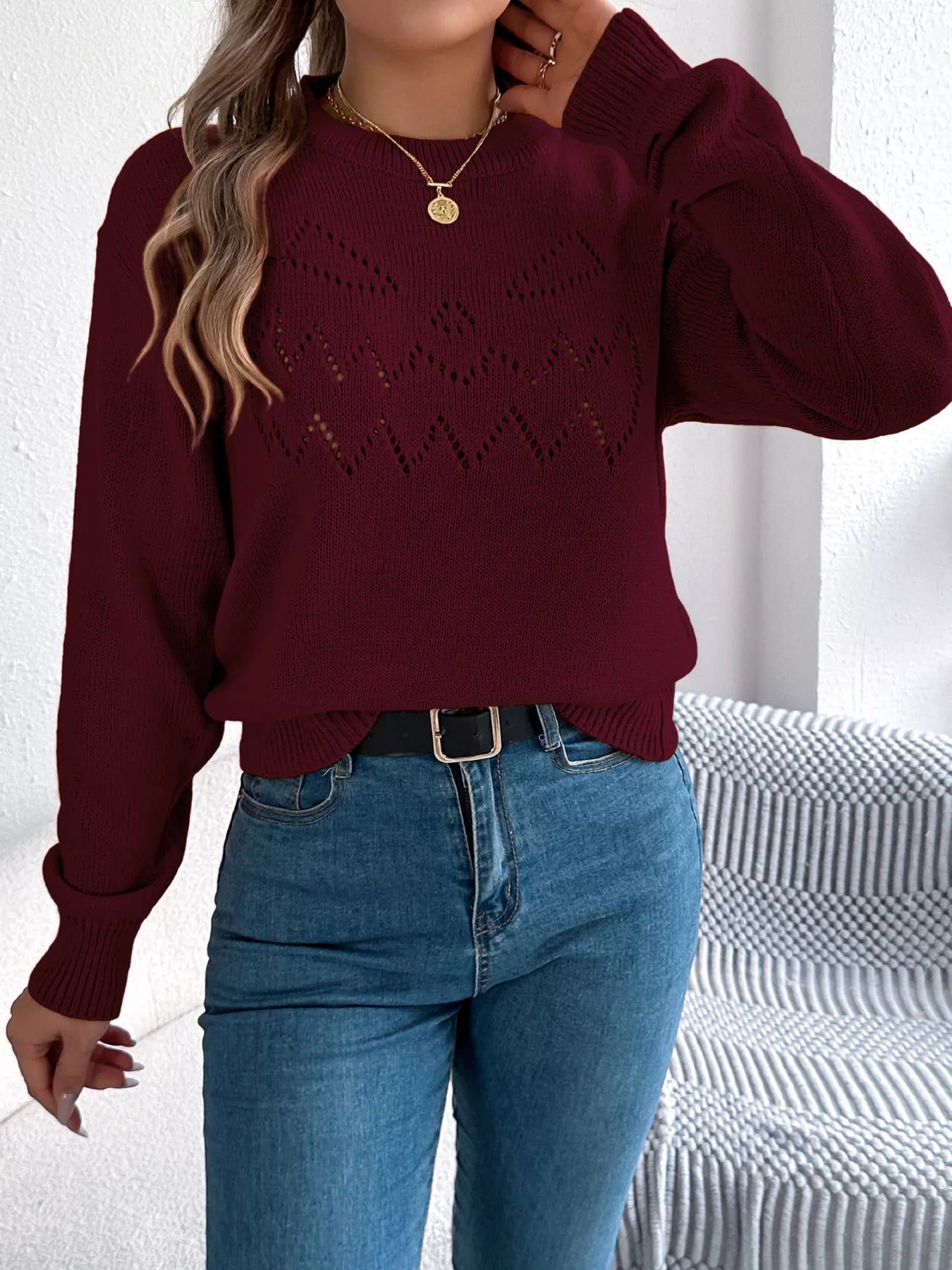Openwork Round Neck Long Sleeve Sweater 