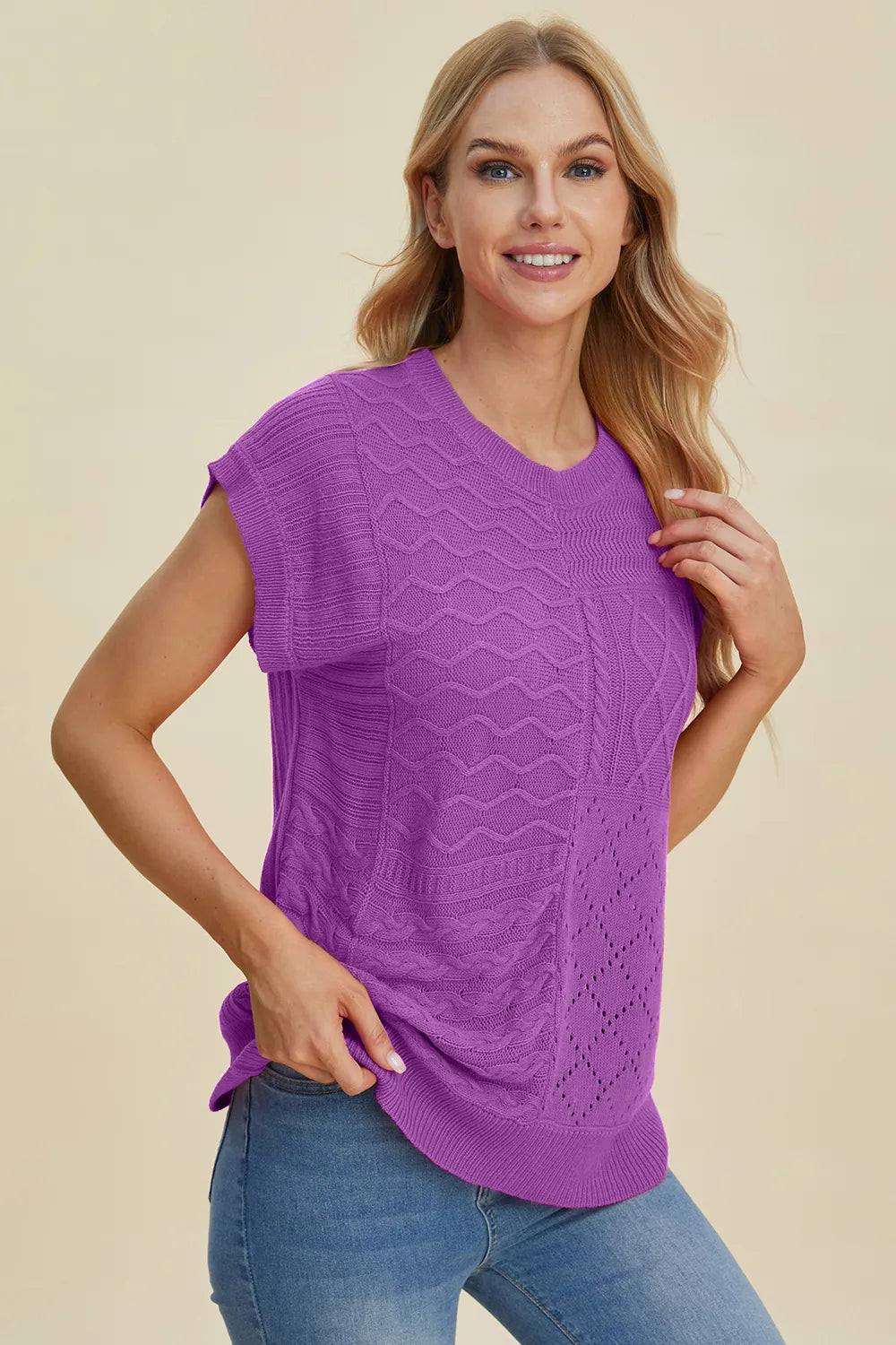 Double Take Full Size Cable-Knit Round Neck Cap Sleeve Sweater 