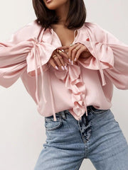 Ruffle Trim Satin Flounce Sleeve Blouse 