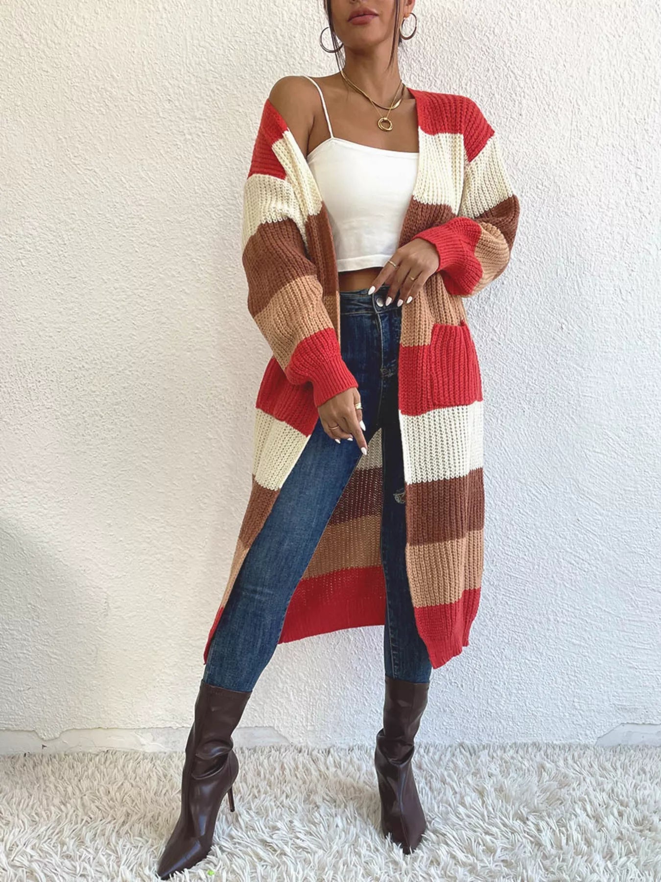 Striped Color Block Open Front Knit Cardigan 