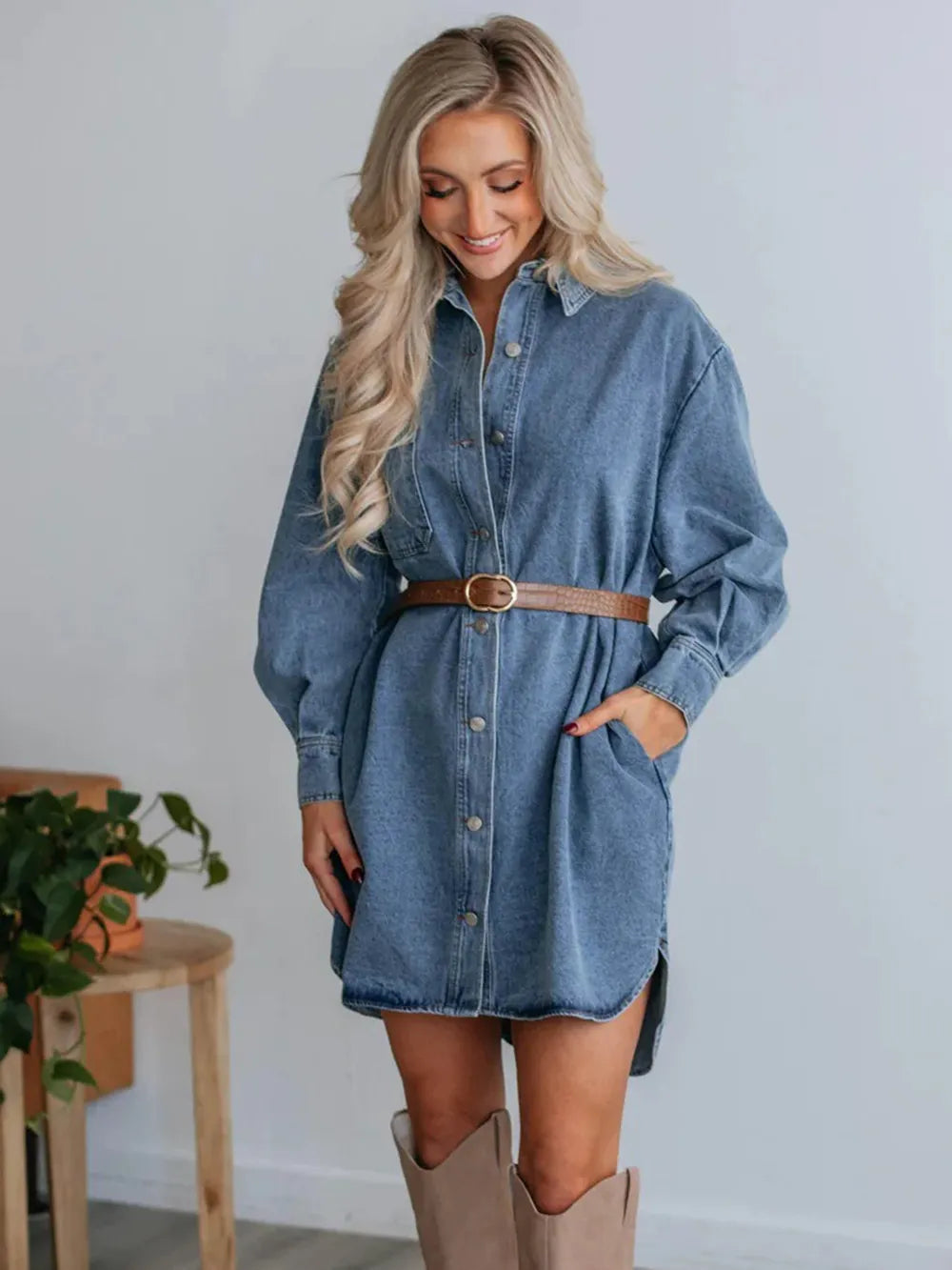 Button Up Collared Neck Long Sleeve Denim Dress 