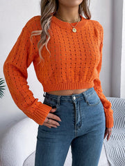 Cutout Back Openwork Round Neck Long Sleeve Sweater 
