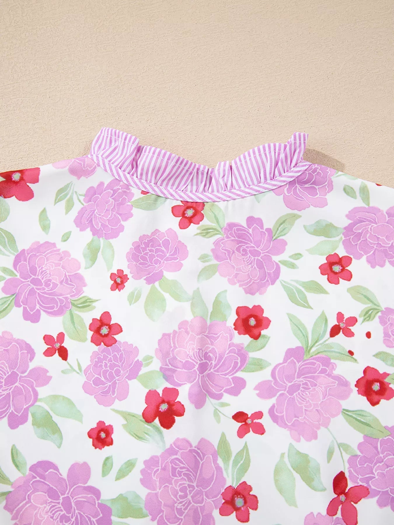 Floral Print Striped Trim Frilled Neck 3/4 Sleeve Flared Mini Dress 