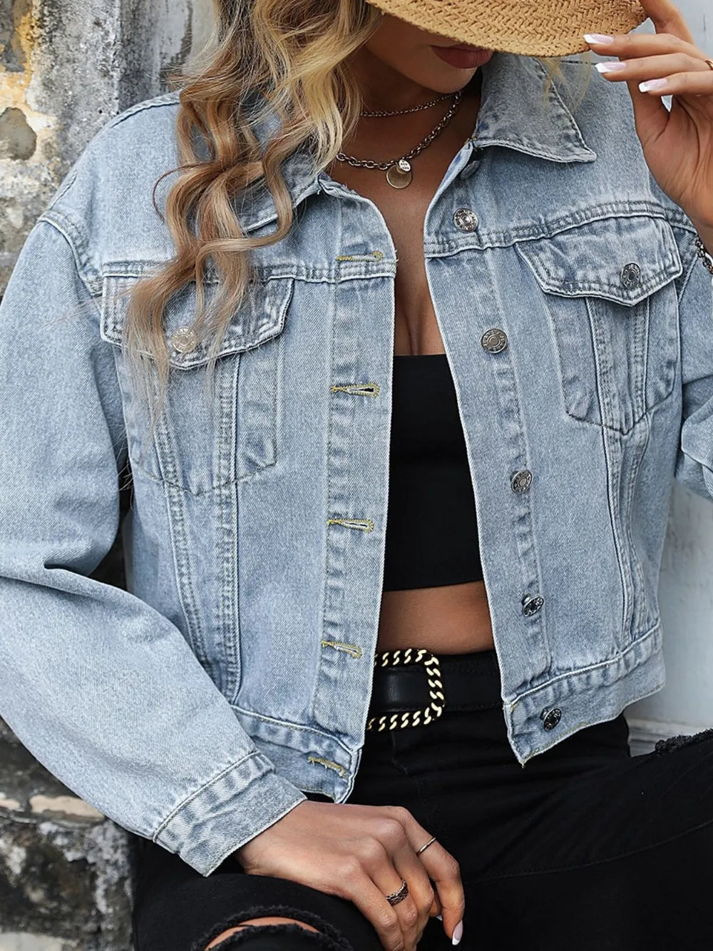 Button Up Denim Jacket with Chest Pockets 