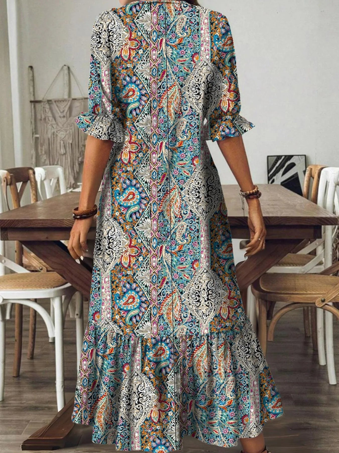 Full Size Bohemian Paisley Print V-Neck Midi Dress Plus Size 