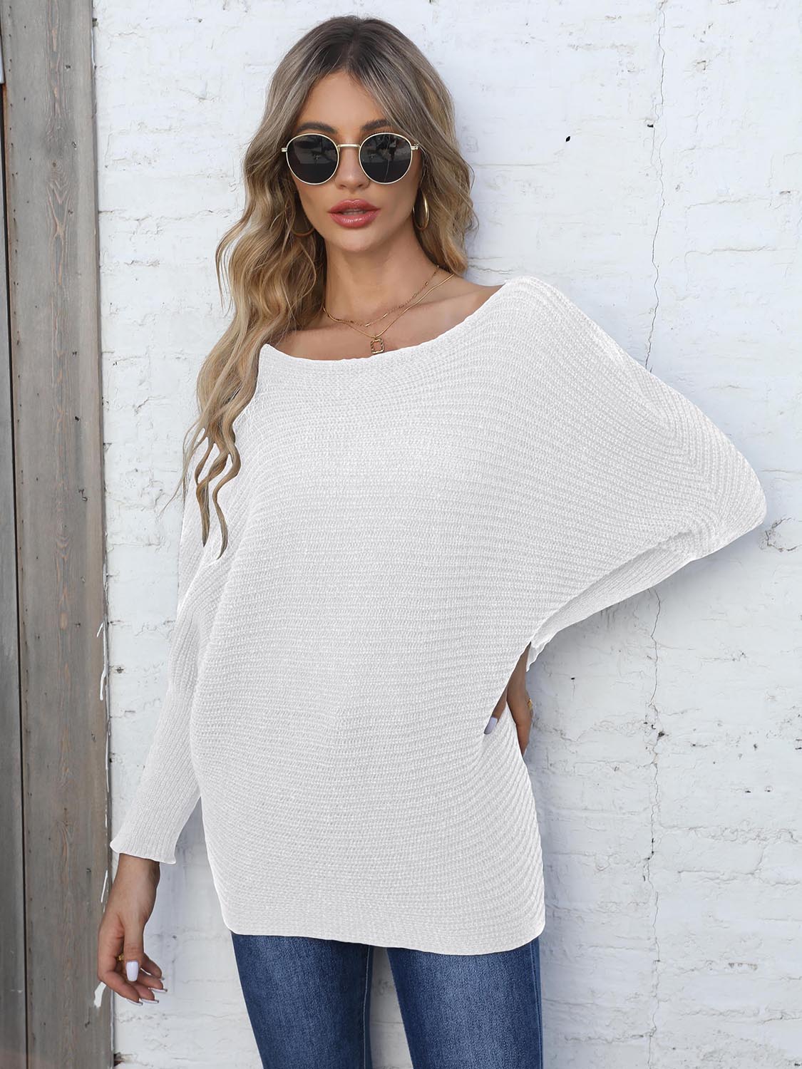 Full Size Horizontal Ribbing Dolman Sleeve Sweater 