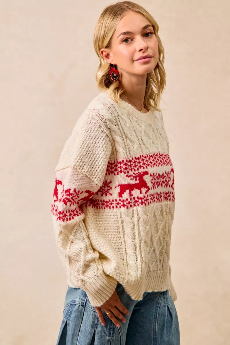 BiBi Christmas Theme Patterned Cable Knit Sweater 