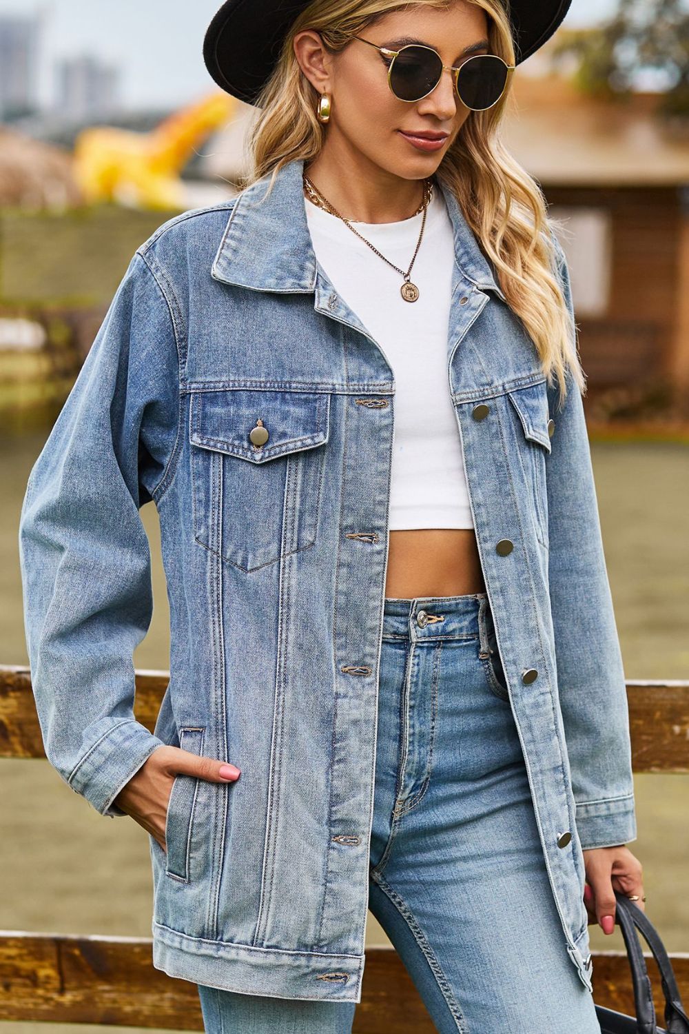 Buttoned Collared Neck Denim Jacket with Pockets 
