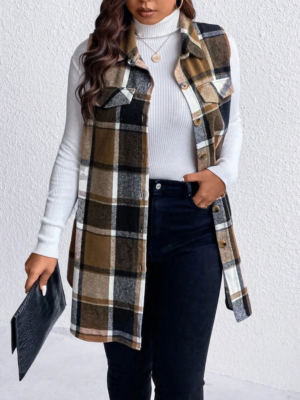 Honey Plus Size Pocketed Plaid Button Up Vest Coat 