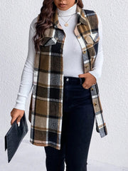 Honey Plus Size Pocketed Plaid Button Up Vest Coat 