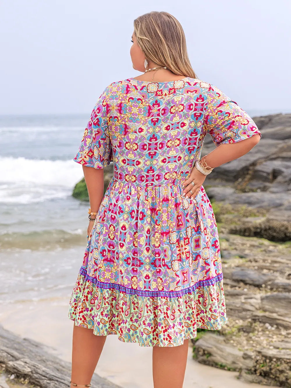 Plus Size Lace Detail Printed Half Sleeve Dress 