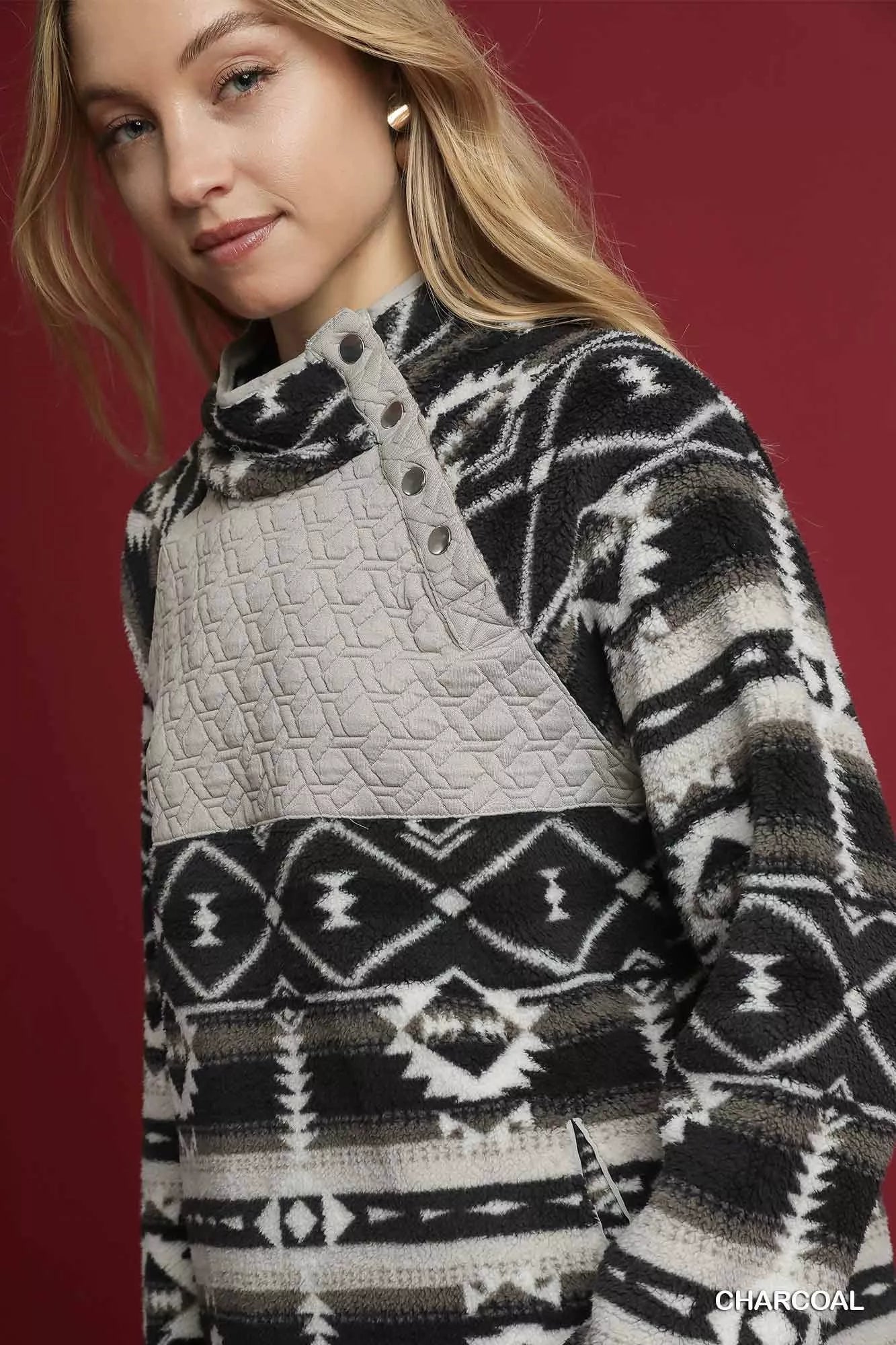 Umgee Aztec Print Sherpa Pullover 