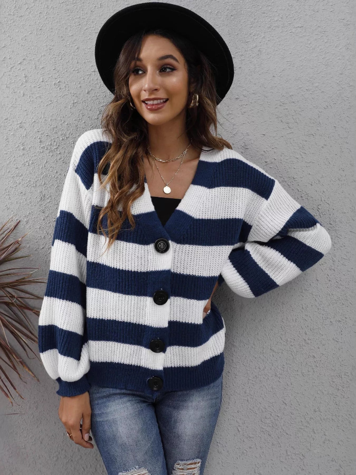 Striped Button-Up Long Sleeve Cardigan 