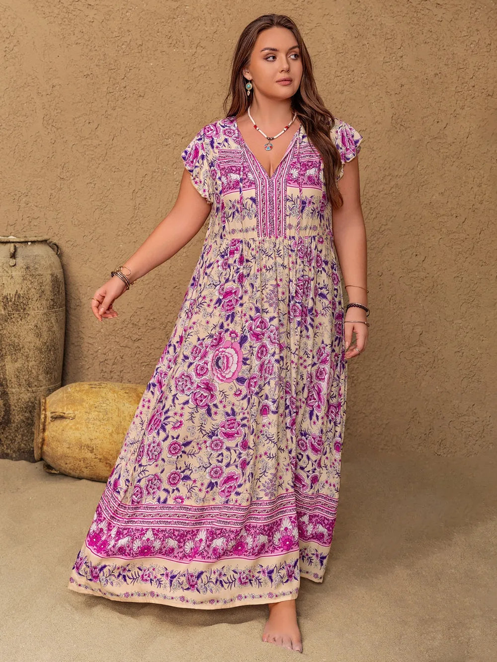 Plus Size Printed V-Neck Cap Sleeve Maxi Dress 