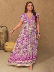 Plus Size Printed V-Neck Cap Sleeve Maxi Dress 