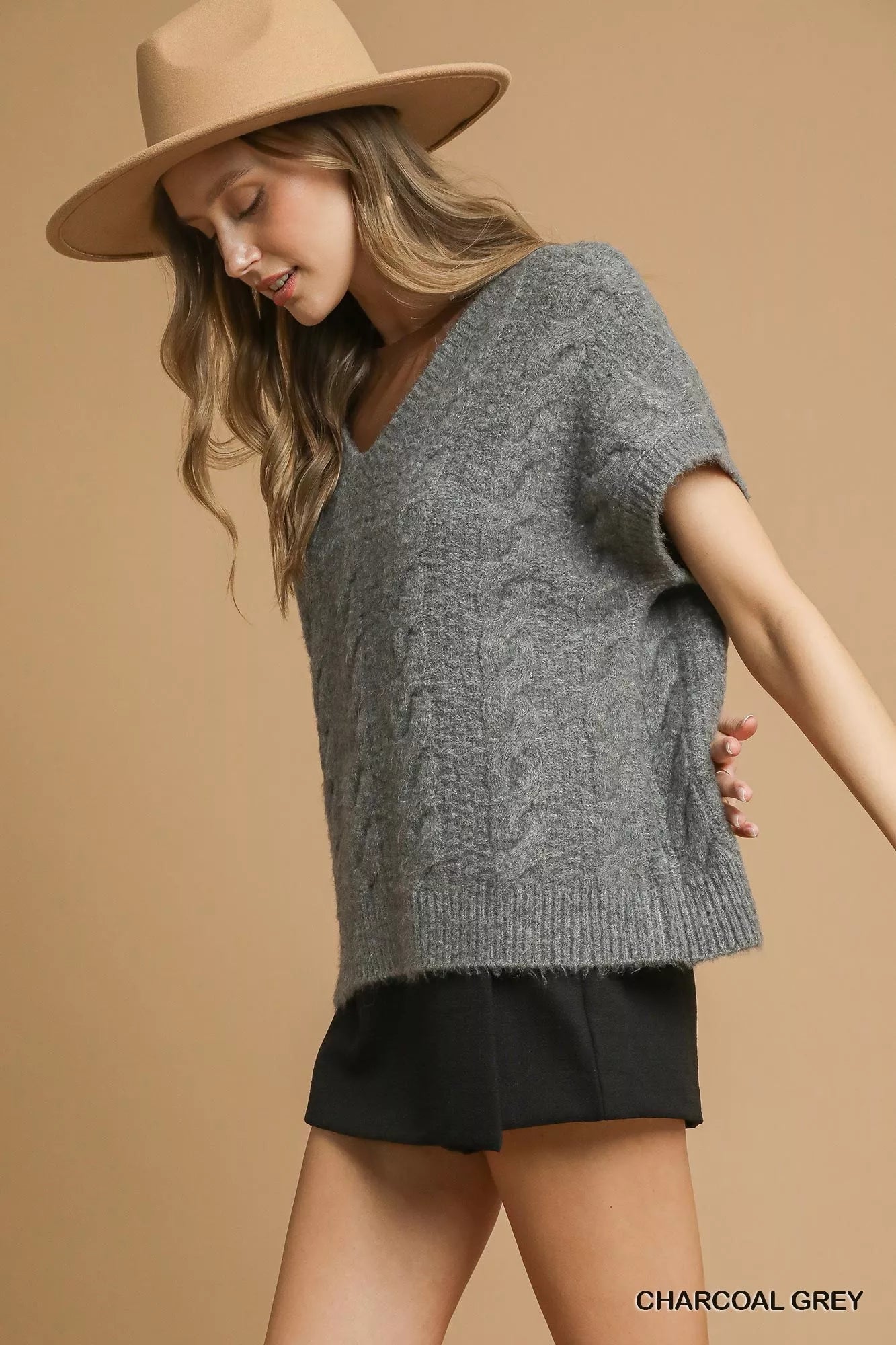 Umgee Cable-Knit V-Neck Sweater 