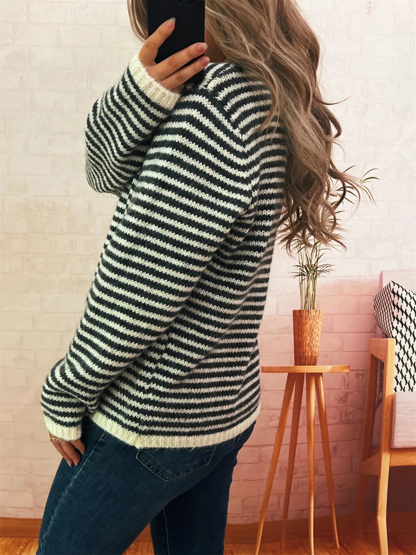 Striped Button Detail Long Sleeve Sweater 