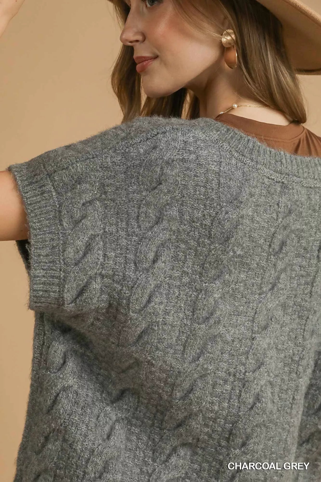 Umgee Cable-Knit V-Neck Sweater 
