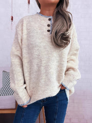 Ribbed Button Detail Long Sleeve Sweater 