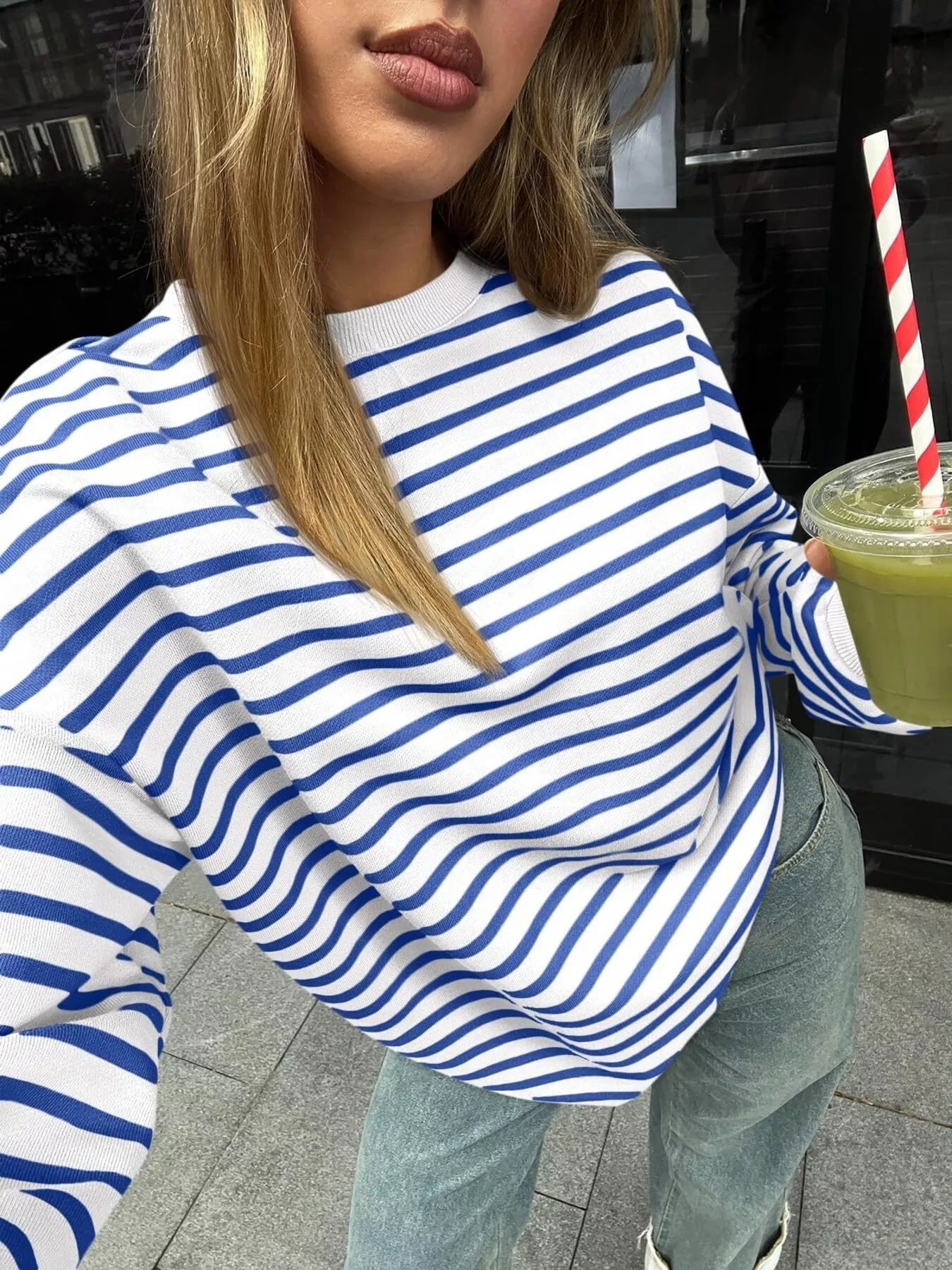 Striped Round Neck Oversized Casual Sweatshirt 