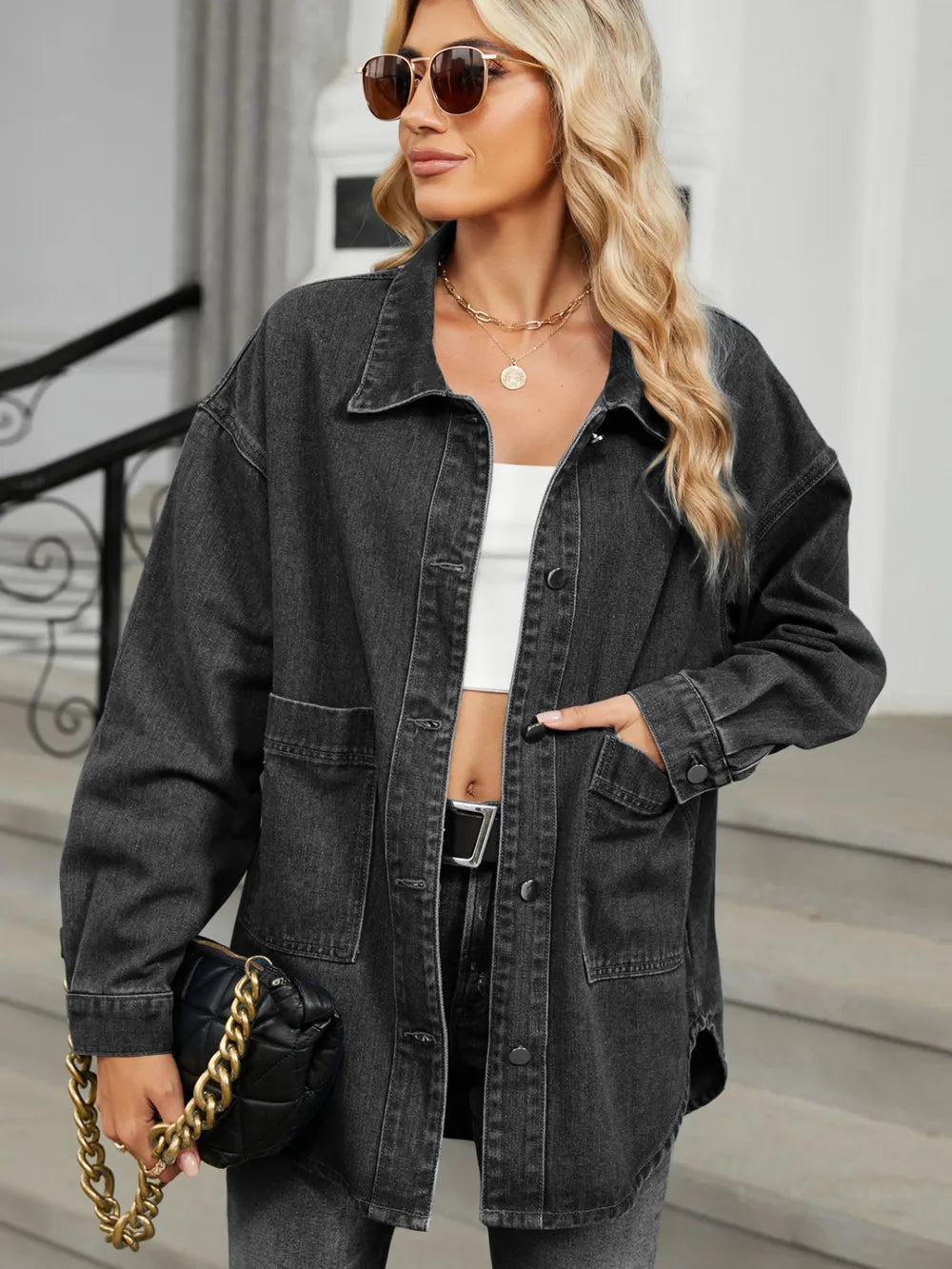 Removable Hood Button Up Long Sleeve Denim Jacket 