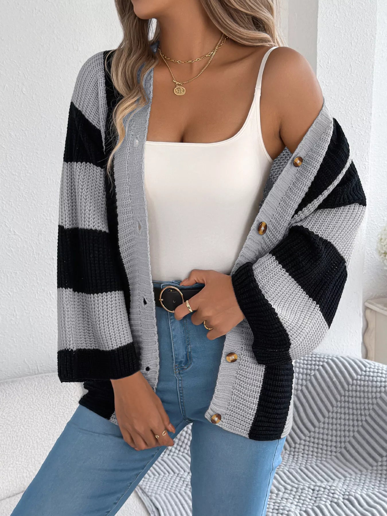 Color Block Button-Up Cardigan 