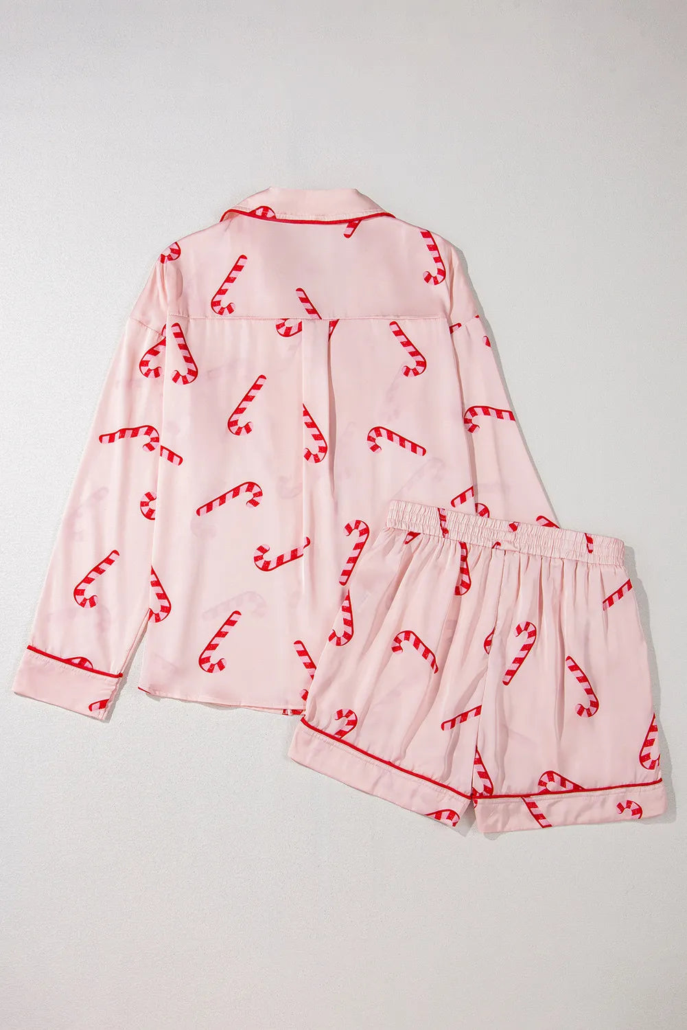 Candy Cane Collared Neck Long Sleeve Top and Shorts Lounge Set Trendsi