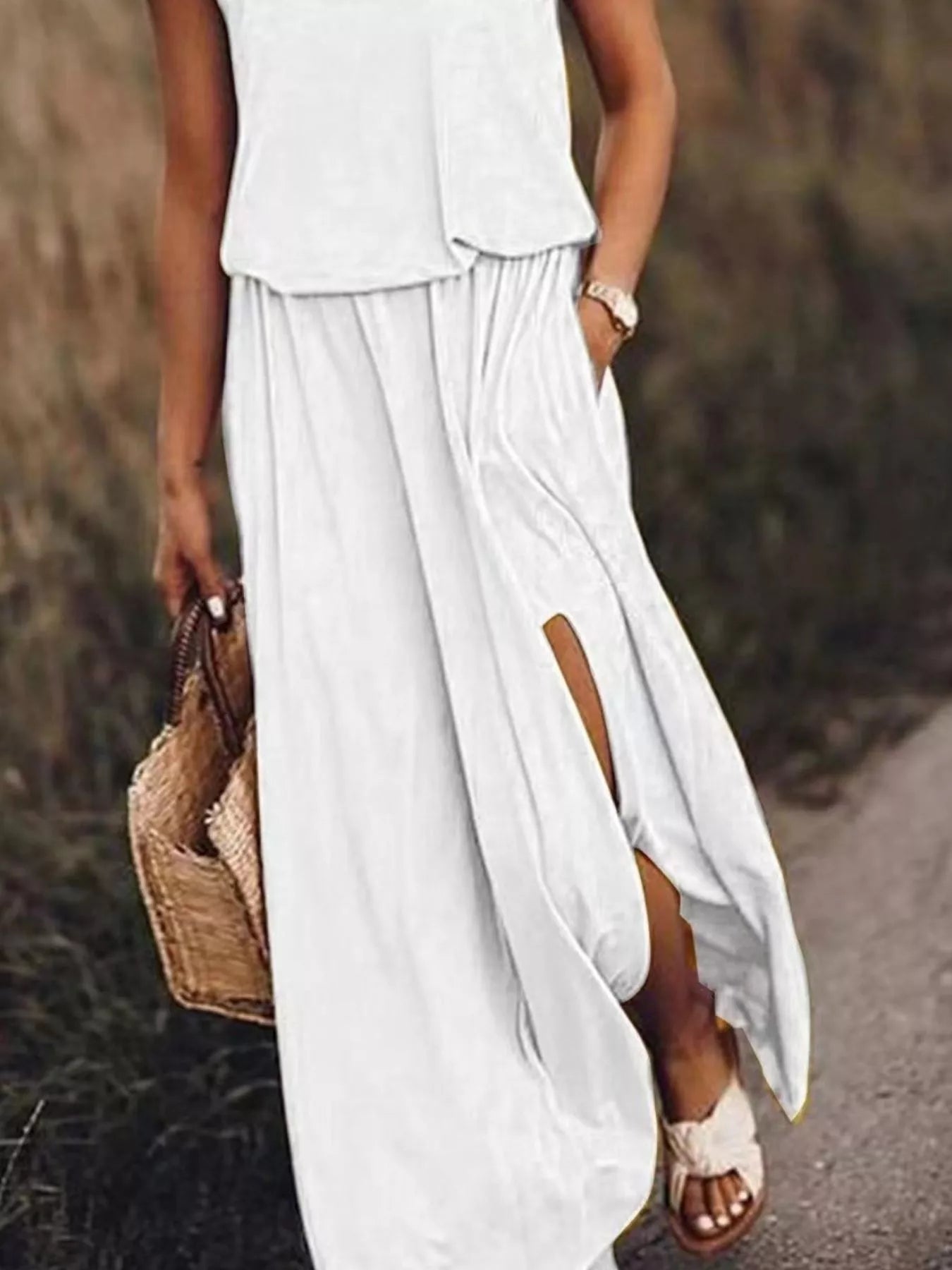 Full Size Round Neck Sleeveless Slit Maxi Dress Plus Size 