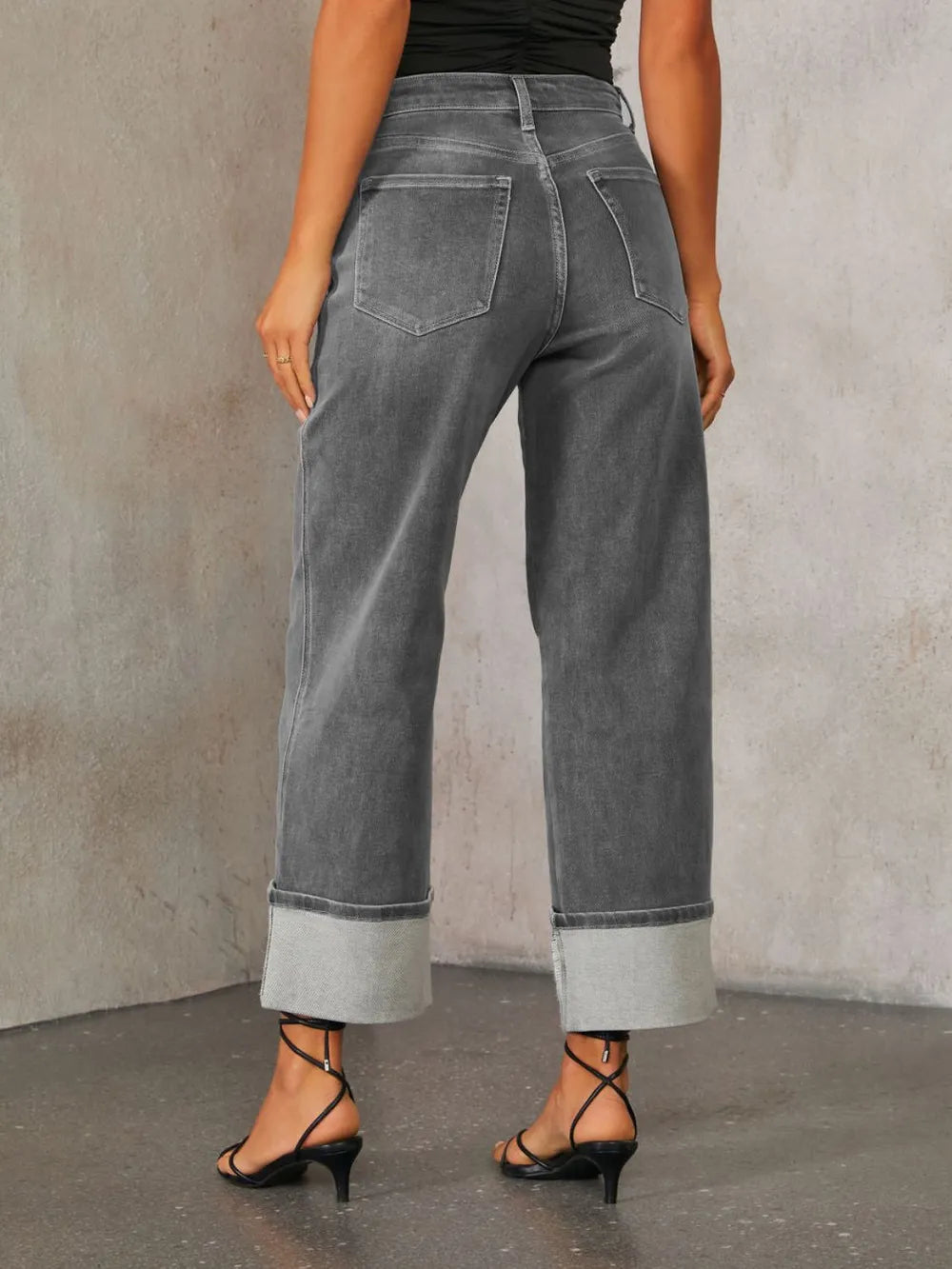 High Waisted Straight Leg Rolled Jeans 